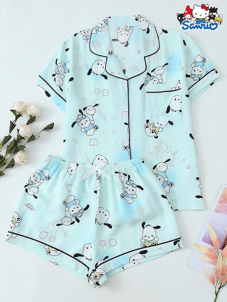 SANRIO 【居家绅士】女士官方授权印花翻领短袖纽扣口袋上衣和蝴蝶结短裤睡衣套装,两件套,适合居家穿着,春夏皆宜 - 薄荷綠 - 查看 1