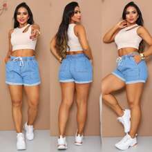 Women's Jean Shorts With Elastic Waistband Women's Jean Shorts With Elastic Waistband - 中等水洗藍 - 查看 7