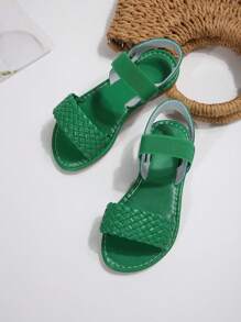 1 Pair Infant/Toddler Girls' Woven Roman Sandals, Round Toe, Thick Elastic Strap Design, Flat & Comfy, Suitable For 3-12 Yrs Old, Casual Beach/Holiday/Outdoor Wear In Summer - Green - View 5