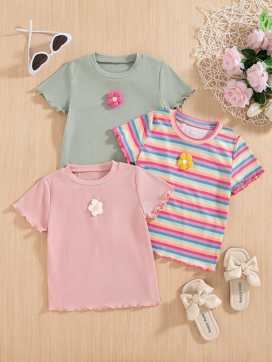 3pcs Young Girl Casual Ribbed Short Sleeve Floral Top + Colorful Stripe Short Sleeve Set - Green - View 1