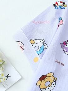 Set de 2 piezas autorizado por Sanrio con parte superior de manga corta de escote en V con bolsillo y pantalón corto con lazo, adecuado para usar en casa en primavera/verano