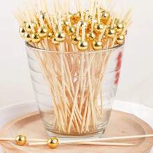 100pcs Disposable White Pearl Cocktail Bamboo Skewers, Fruit Cake Decoration Bamboo Toothpicks, Long Cocktail Disco Theme Party Supplies, Artistic Fruit Forks For Party And Wedding Desserts
