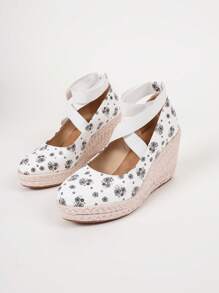 Damen Plateau & Keil Espadrilles Knöchelriemen Sandalen, schwarze Runde Zehenform Lässig Strandgewebe Slip-On Schuhe, Urlaubs Seilsohle mit Gummiband - Weiss - Übersicht 6