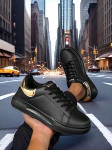 Men's Casual Design Thick Sole Lace-Up Elevator Sneakers, Student Sport Flat Shoes