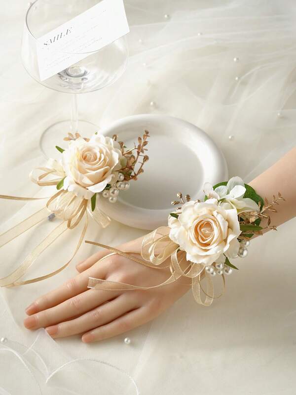 2Pcs/Set Wrist Corsage And Boutonniere Set, Elegant Artificial Champagne Rose Pearls Bracelet Wrist Corsage For Bride Bridesmaid Wedding, Golden Leaves Boutonniere Perfect For Groom Groomsman Wedding Decor Prom Party Ceremony Anniversary Gift