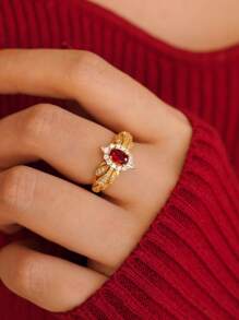 1 pieza Anillo de plata de ley S925 con granate rojo micro-incrustado, elegante, regalo de lujo para mujeres en bodas