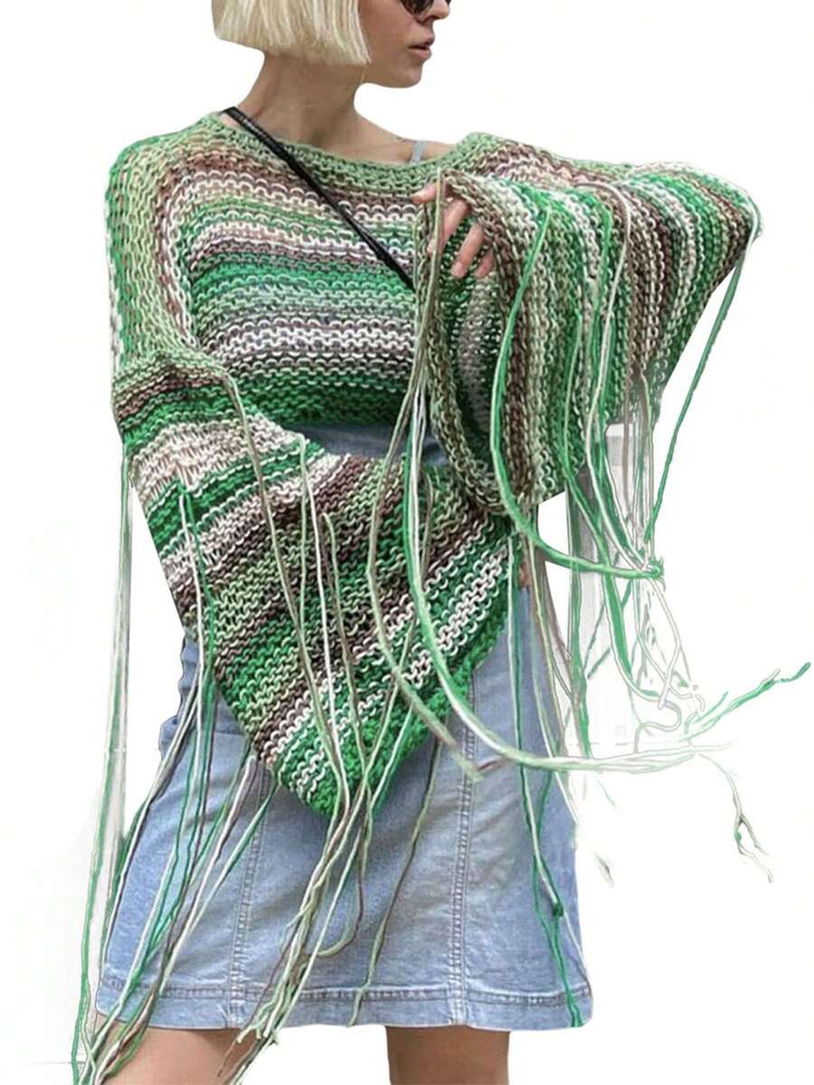 Women's Spring Cropped Knit Tops Stripe Print O-Neck Tassel Long Sleeve Spring Loose Sweaters Knitwear - Green - View 1