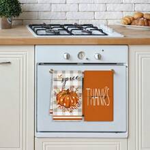 2 件套，秋季南瓜枫叶图案毛巾，感恩节南瓜蜡烛装饰毛巾，新款格子向日葵图案厨房餐厅聚会洗碗布，速干吸水洗碗巾 - 橘色 - 查看 5