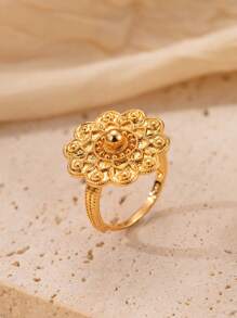 Herseygold 1pc Gold-Plated Copper Adjustable Size Ring With Floral & Crescent Moon Design, Fashion Jewelry For Women, Wedding & Festival