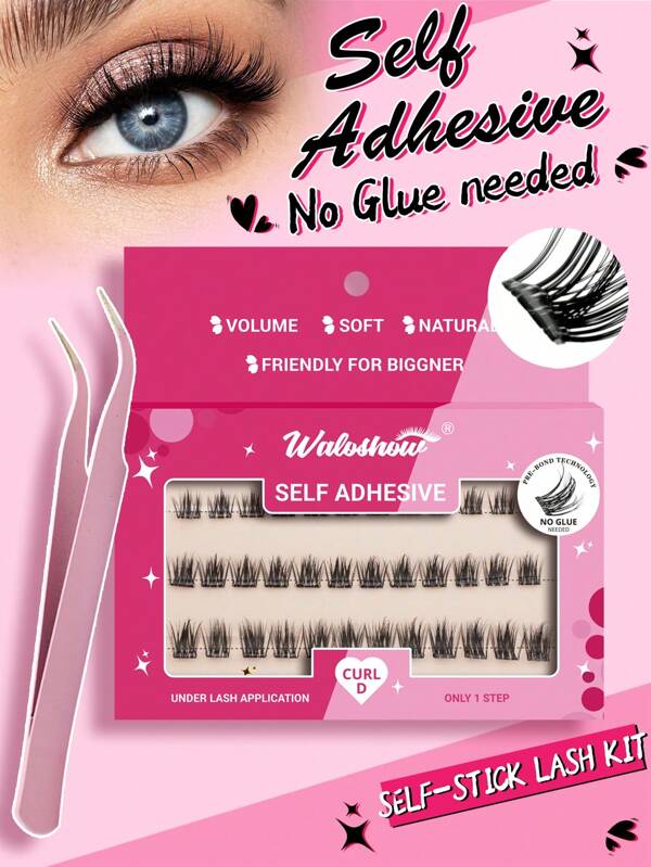Waloshow 36 قطعة من رموش صناعية ذات لفة D فائقة اللين لا تحتاج لصمغ، رموش لاصقة ذاتيًا مع ملقط سهلة التطبيق، رموش صناعية لاصقة فوري للمبتدئين، مجموعات رموش صناعية مسبقة اللصق