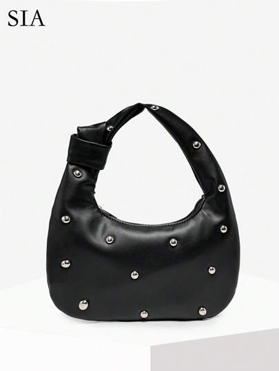 1 件女士复古简约休闲铆钉装饰柔软仿皮新月形单肩包，适合外出、约会、通勤、度假