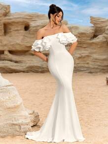 女士长款修身白色伴娘礼服，适合婚礼派对，优雅大方，正式礼服，适合晚会、婚礼宾客