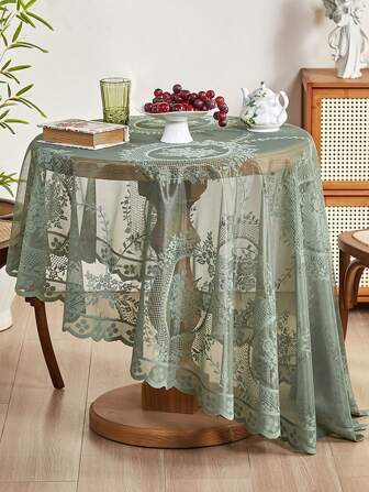 1pc Jacquard Floral Hollow-Out Lace Tablecloth, White/Green Floral Hollow-Out Lace Tablecloth, Polyester Embroidered Jacquard Floral Pattern Tablecloth, Round Tablecloth Suitable For Kitchen Dining Table, Holiday Decoration, Wedding Decoration, Coffee Table, TV Stand, Tea Table, Small Round Table