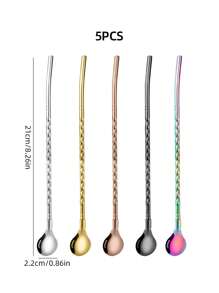 Set de 5 piezas de pajitas y cucharas multiusos de acero inoxidable en colores surtidos, set de pajitas y cucharas con diseño espiral minimalista, pajitas y revolvedor de metal reutilizables, perfectos para malteadas, té con leche, café y otras bebidas, ideal para la cocina, bar, buffet, artículos escolares
