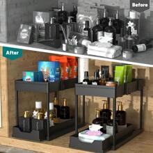 1pc 2-Tier Sliding Drawer Sink Organizer Box, Durable ABS Plastic With Carbon Steel Support Bars, Ideal For Kitchen And Bathroom Storage, Black