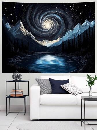 Tapiz con diseño de remolino galáctico de noche estrellada, arte de pared con paisaje místico de montaña, río, bosque, decoración celestial para dormitorio y sala de estar, escena serena y onírica