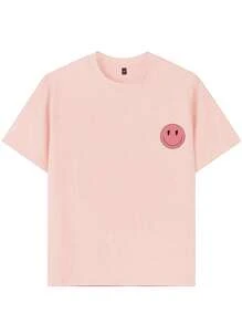 1pc Tween Girl Checkered Smiling Face Print Crew Neck Short Sleeve T-Shirt, Casual Fashion Summer Top