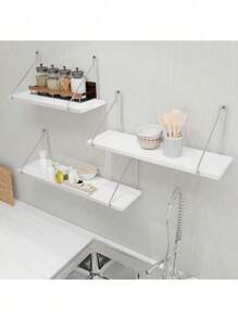 1 pieza Estante de pared, estantería divisoria sin taladrar, estantes flotantes montados en la pared para dormitorio, cocina, sala de estar, decoración de pared de tablero de madera - Blanco - Ver 3