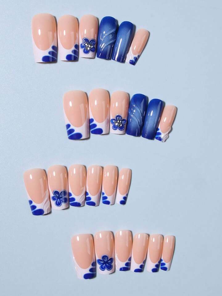 24Pcs 3D Gelnail Makes Long Square French Tip Press On Nails Medium Flower With Rhinestones Design Acrylic Fake Nail Set,Contain 1pc Jelly Glue And 1pc Nail File,Easy To Wear 3D Gelnails French Tip Press On Nails Art For Woman Girl Daily Work Festivals Party Use