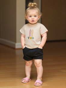 Camiseta infantil de manga corta con cuello redondo y letras con estampado de velas, ropa de verano para cumpleaños de niñas y niños. - Albaricoque - Ver 2