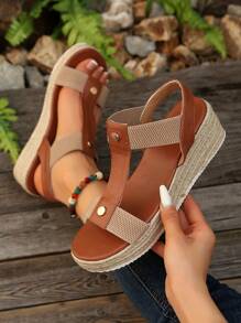 女士亚麻绳凉鞋，露趾坡跟凉鞋，波西米亚风格新设计，松紧带，减少脚部摩擦