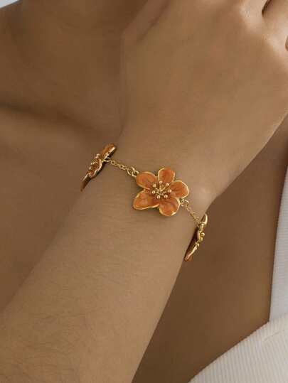 1pc Orange Drip-Oil Floral Design Bracelet For Women, Summer Vacation Style, Elegant Jewelry Gift For Wedding/Travel/Festival