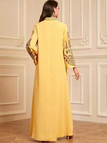 Women's Long Yellow Kaftan Robe, Notched Neck, Wrist Length Sleeves, Embroidered, Elegant Woven Fabric Jalabiya - Yellow - View 4