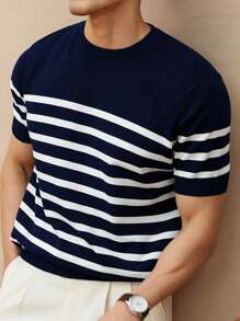 Camiseta de punto de cuello redondo a rayas, moda minimalista casual para uso diario