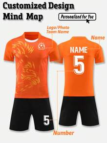 2 piezas Conjunto personalizado de jersey de fútbol para niños preadolescentes - Camiseta de manga corta con nombre del equipo personalizado, número y logotipo impreso + Pantalones cortos para uso deportivo y de uso casual en primavera/verano
