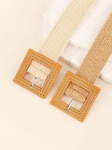 2pcs Set Fashionable Geometric Buckle Solid Color Bohemian Style Summer Beach Woven Elastic Waist Belt For Women - A - View 7
