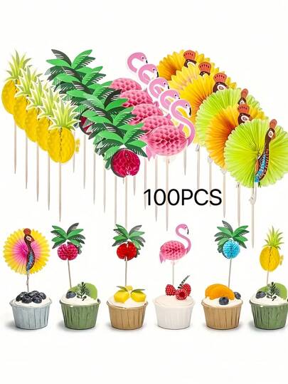 100 Pcs Hawaiian Party Selections - Flamingo, Pineapple, And Palm Leaf Bamboo Sticks, Suitable For Birthday Decorations, Fruit Snacks, And Family Gatherings, Hawaiian Party Decorations