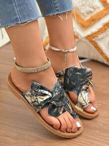 Sandalias de mujer con decoración de lazo, zapatos planos casuales para la playa