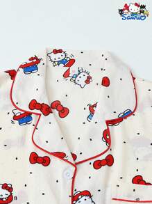 Set de 2 piezas de pijama con parte superior de manga corta con botones y bolsillo estampada con Hello Kitty de Sanrio, y shorts con lazo, adecuado para uso casual en casa, primavera/verano