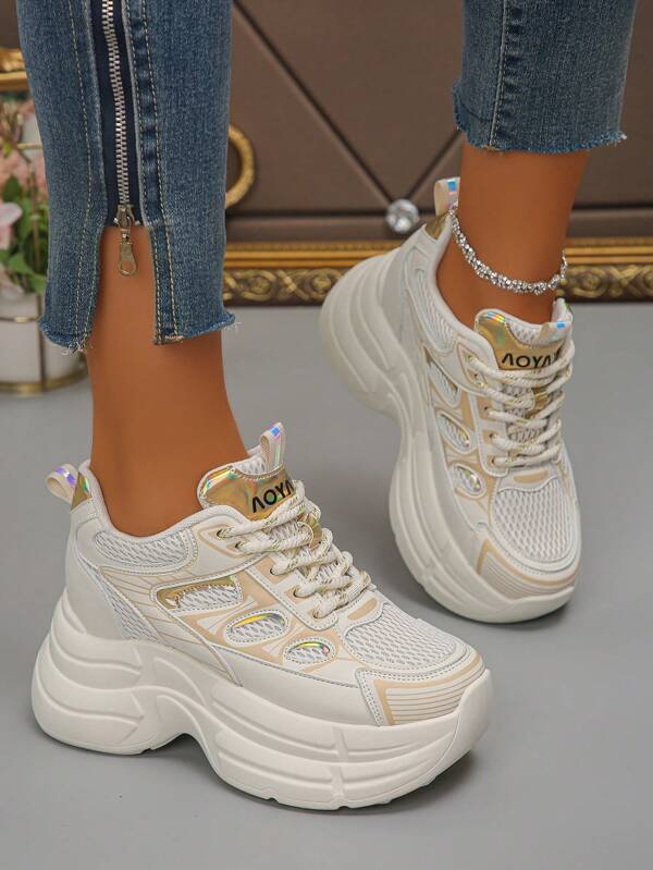 8cm Gruba Podeszwa Oddychająca Siatka Letnie Trampki, Beżowe, Codzienne Buty Sportowe Z Ukrytym Koturnem Dla Kobiet, Nowy Styl 2025