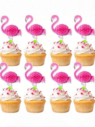 20 件 Luau 3D 火烈鸟纸杯蛋糕装饰热带夏威夷火烈鸟纸杯蛋糕挑选夏季，夏威夷纸杯蛋糕装饰火烈鸟菠萝棕榈叶牙签热带夏季海滩生日派对蛋糕装饰