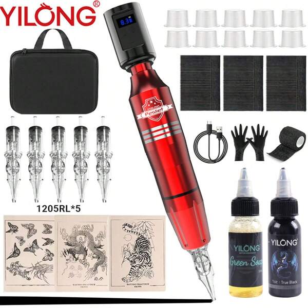 YILONG YILONG kabellose Tattoo Maschinen Set, Tattoo Pen Set mit LED Digitalanzeige, geeignet für Tattoo Einsteiger und Profis, Tattoo Nadel Patronen, Tattoo Farben, professionelles Tattoo Set