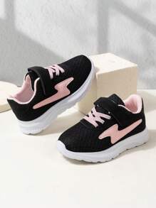 1 Pair Pink Mesh Kids Sports Shoes, Casual Trainers For Girls, School Style, Breathable, Hook And Loop, Spring/Autumn/Summer