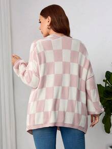Plus Size Plaid Round Neck Casual Long Sleeve Knitted Cardigan Sweater - Pink - View 2