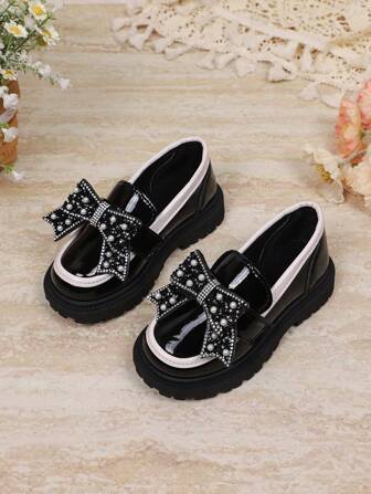 1 Pair New Fashion Cute Bowknot PU Pearl Hook & Loop Non-Slip Durable Girls Shoes, Comfortable Versatile Design Suitable For Outdoor, Daily, Party, School Wear In Spring And Autumn, Mary Jane Loafers