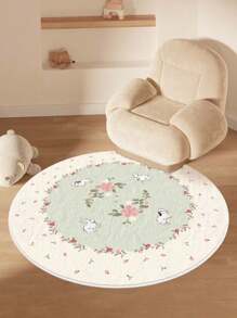 1pc Tapete de área redondo de lã sintética macia, tapete decorativo com design de coelho e flor, resistente a manchas e fácil de cuidar, quarto, decoração de casa, decoração de festival