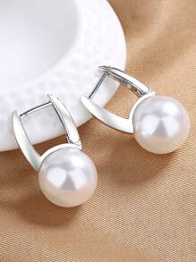1 Pair Faux Pearl Copper Plated Silver Earrings, Classic & Versatile Jewelry, Gift