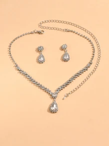Rhinestone Waterdrop Necklace And Earrings Jewelry Set