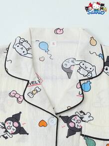 Set de 2 piezas de pijama de mujer con estampa autorizada de Kuromi de Sanrio que incluye camisa de manga corta con botones y bolsillo en la solapa, y shorts con lazo, adecuado para uso doméstico en primavera/verano
