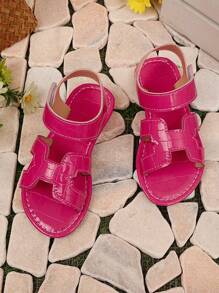 1 pereche de sandale plate fucsia pentru fete, mărime mare, piele de șarpe, cusutură din PU metalizat, design cu cataramă, vârf deschis, sandale romane drăguțe prințesă de lux la modă, potrivite pentru copii de 3-15 ani, primăvară/vară 2025 - Roz fierbinte - Vizualizare 2