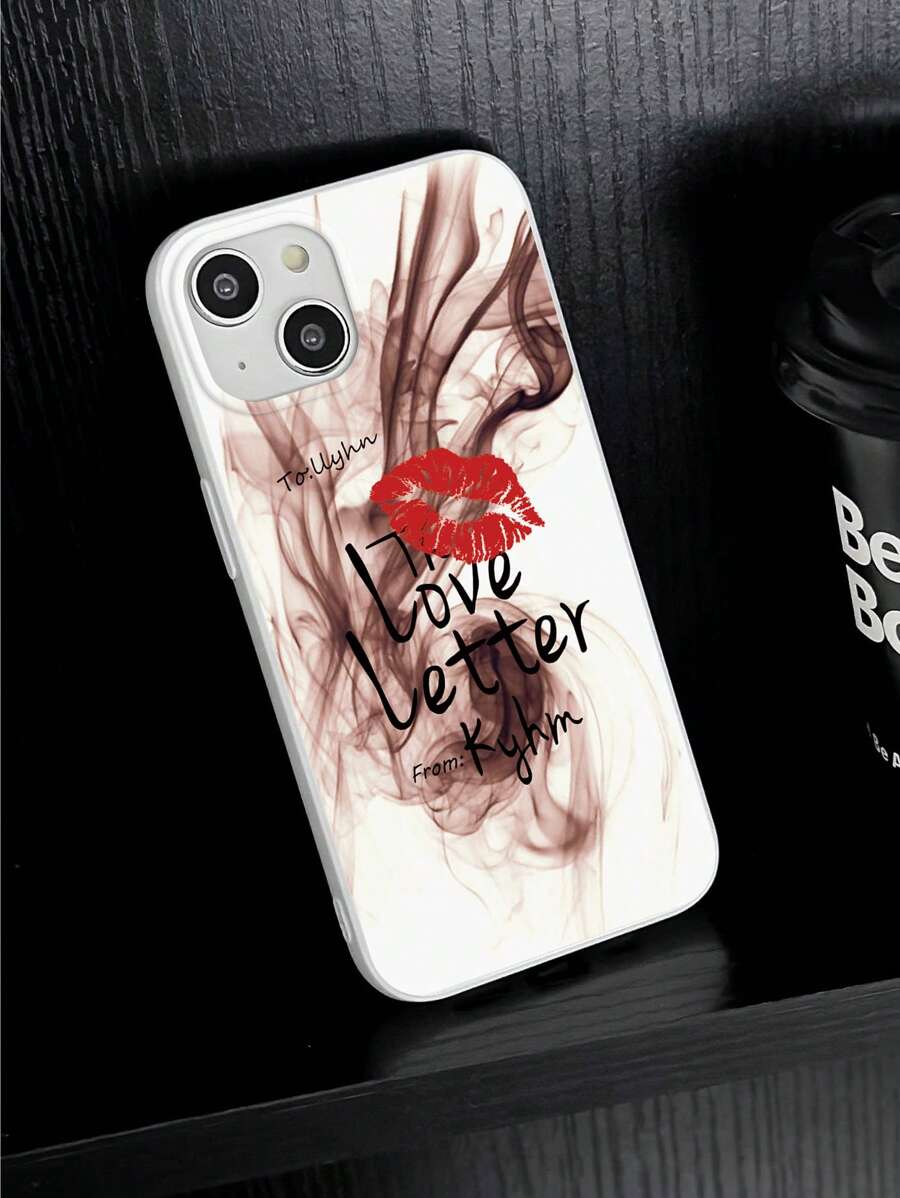Lipmark & Smoke Pattern White Cellphone Case, "Love Letter" Romantic & Personalized Slogan Phone Case, Compatible With Iphone & Galaxy, IPhone 11/13/14/15/15 ProMax/16/16 Pro/16 Plus/16 ProMax, Galaxy Phones - Multicolor - View 1