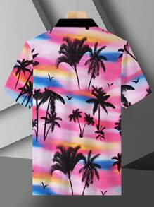 1pc Plus Size Men's Polo Collar Shirt, Casual Golf Sports Tie Collar Shirt With Coconut Tree Print, Short Sleeve, Knitted Fabric, Slightly Stretchy, Regular Fit, Suitable For Beach Vacation, Everyday Outdoor