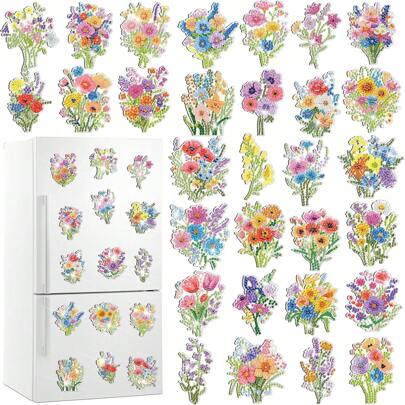 30pcs Spring Rhinestone Painting Refrigerator Magnet 5D Diamond Painting Kit, Reflective Car Sticker, Cruise Ship Door Parade, DIY Metal Surface Decor (Flowers)