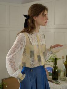 Simple Retro 秋冬复古立领蕾丝拼布修身梭织衬衫 - 黃色 - 查看 6