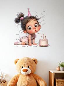 1pc Little Girl Cake Candle Sticker Wall Decal, Suitable For Living Room, Bathroom, Waterproof Toilet Stickers - Multicolor - View 5