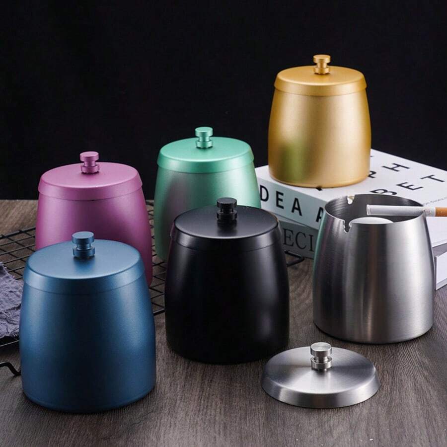 Stainless Steel Ashtray With Lid Durable Smokeless Odorless Windproof Ashtrays For Home Office Tabletop Outside Patio Outdoor
